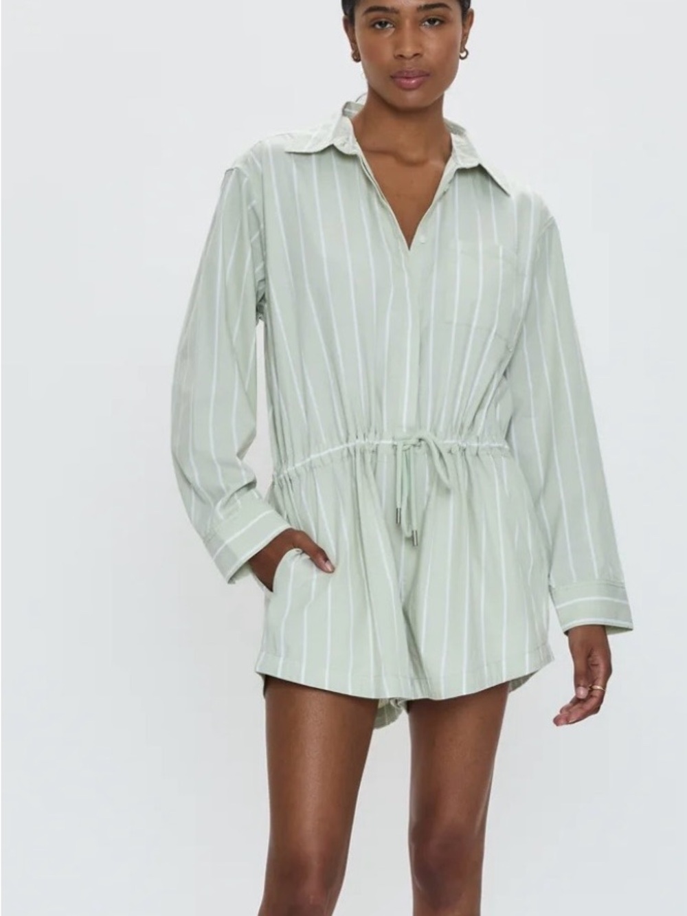 Pistola Sage Stripe Drawstring Long-Sleeve Romper
